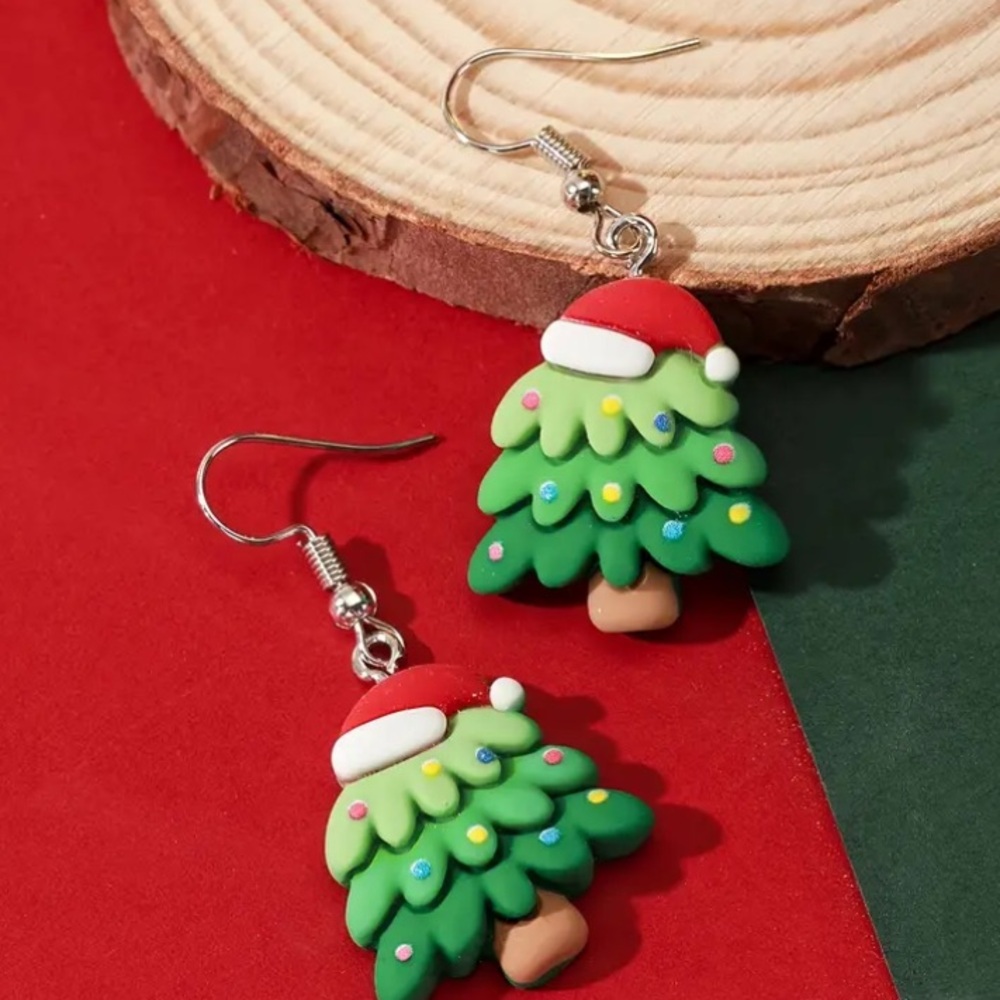 Christmas Tree with Santa Hat Holiday Earrings - Picture 3 of 4